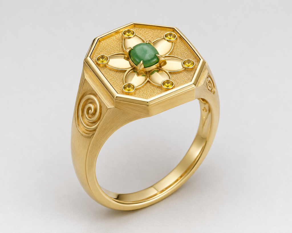 Libra Rose of Abundance Signet Ring — 18K Yellow Gold with Imperial Jadeite & Golden Sapphires 2