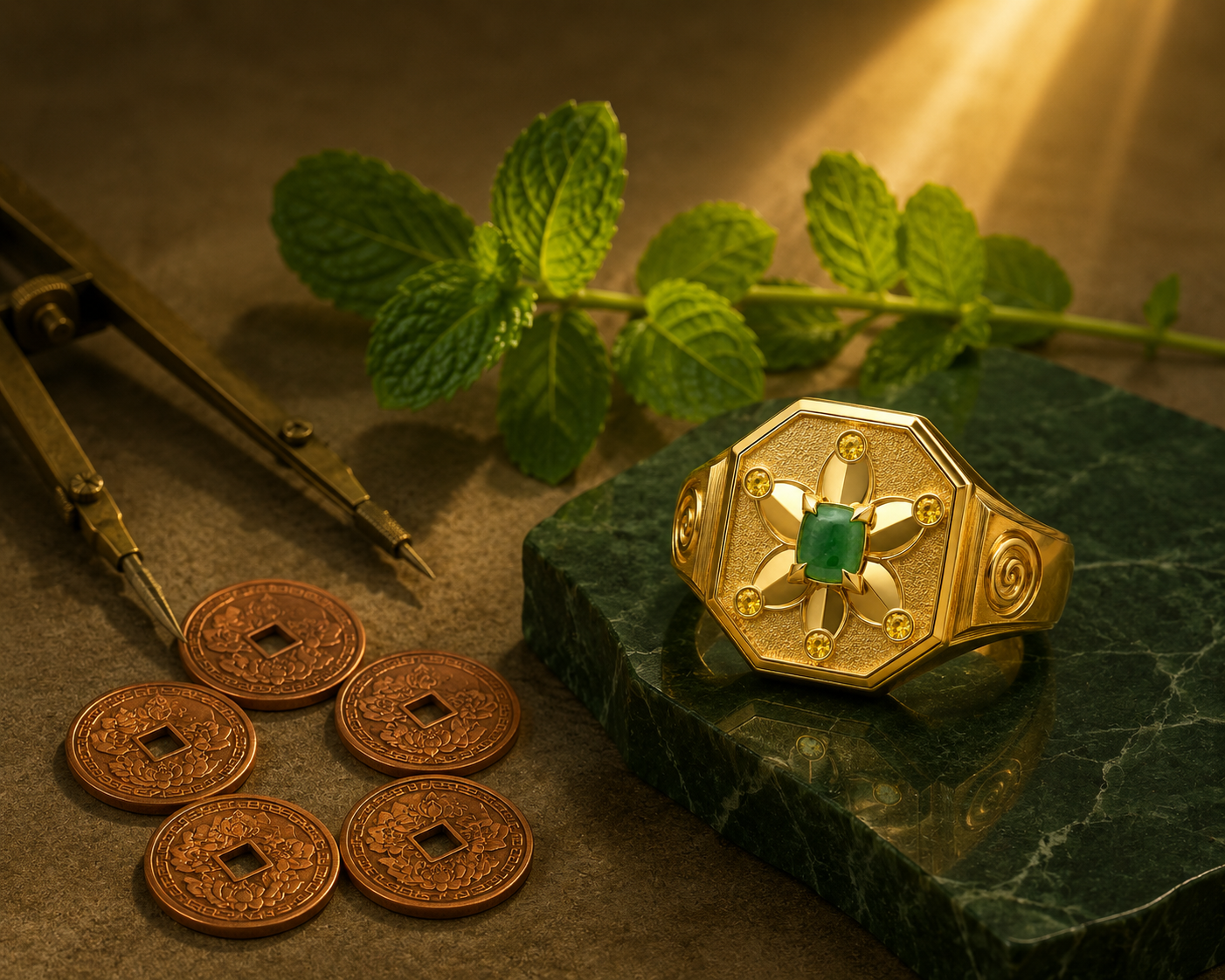 Libra Rose of Abundance Signet Ring — 18K Yellow Gold with Imperial Jadeite & Golden Sapphires 4