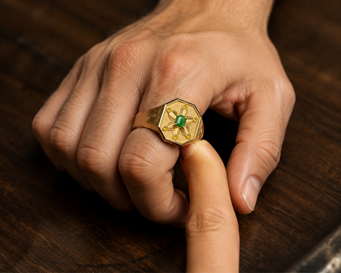 Libra Rose of Abundance Signet Ring — 18K Yellow Gold with Imperial Jadeite & Golden Sapphires 5