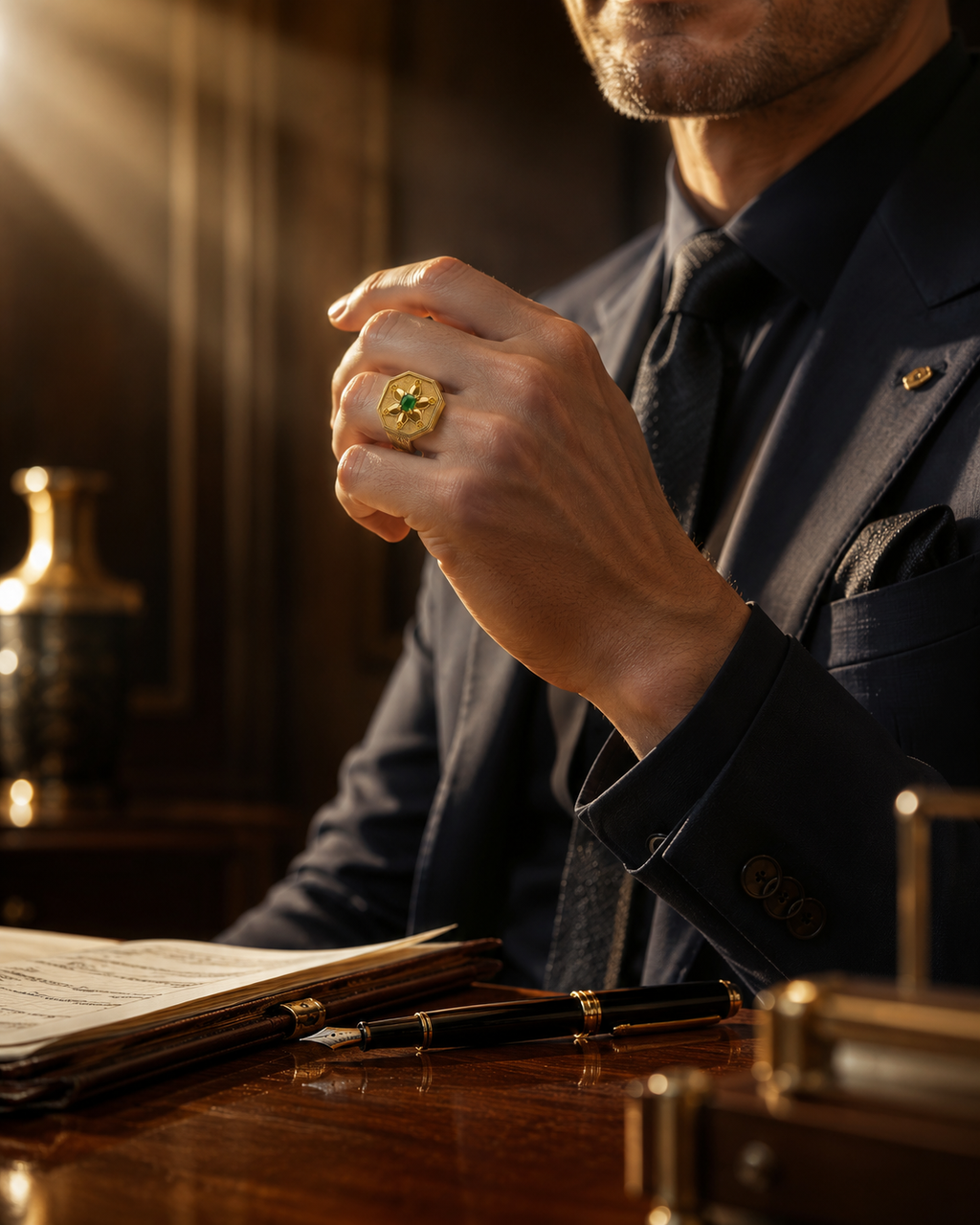 Libra Rose of Abundance Signet Ring — 18K Yellow Gold with Imperial Jadeite & Golden Sapphires 6
