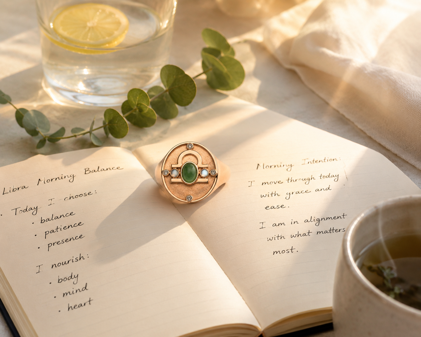 Libra Equilibrium Health Ring — 18K Rose Gold with Jade, Moonstone & Quartz 7